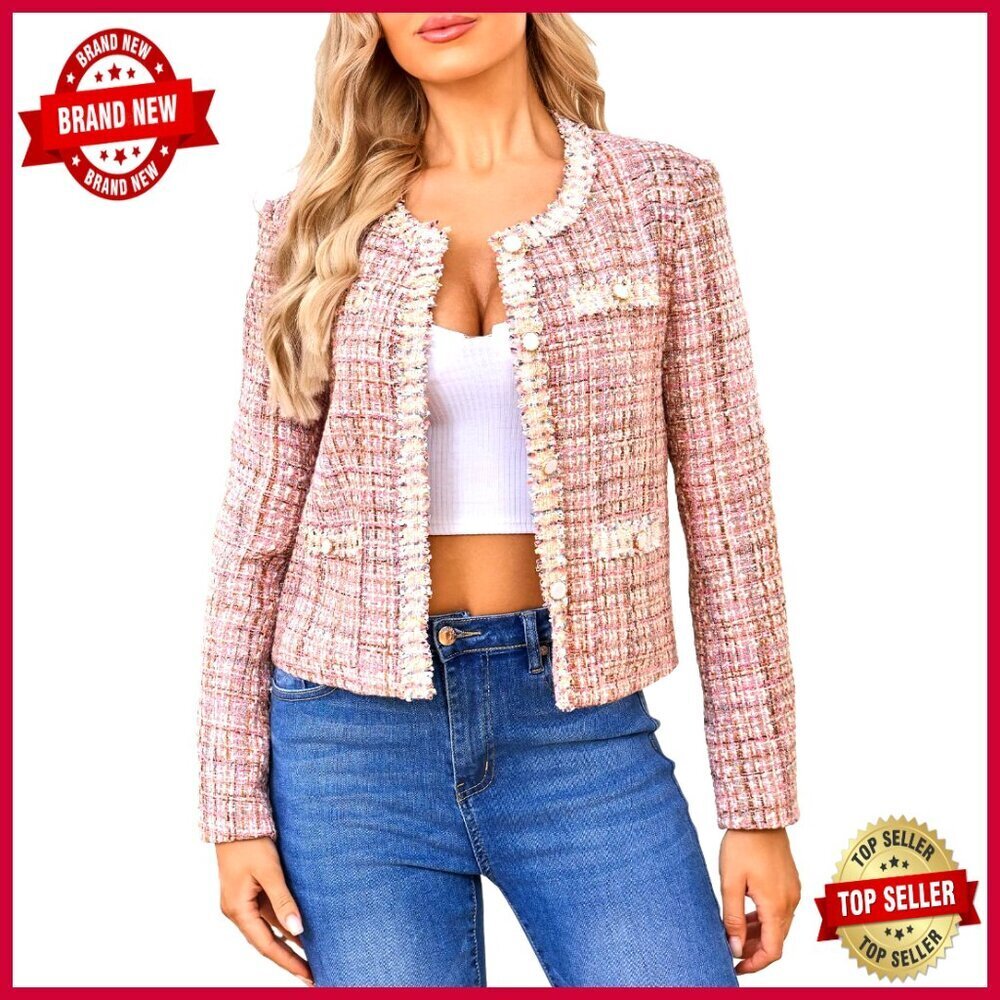 Cropped Tweed Blazer Slim Fit Long Sleeve Crewneck Plaid Work Jacket